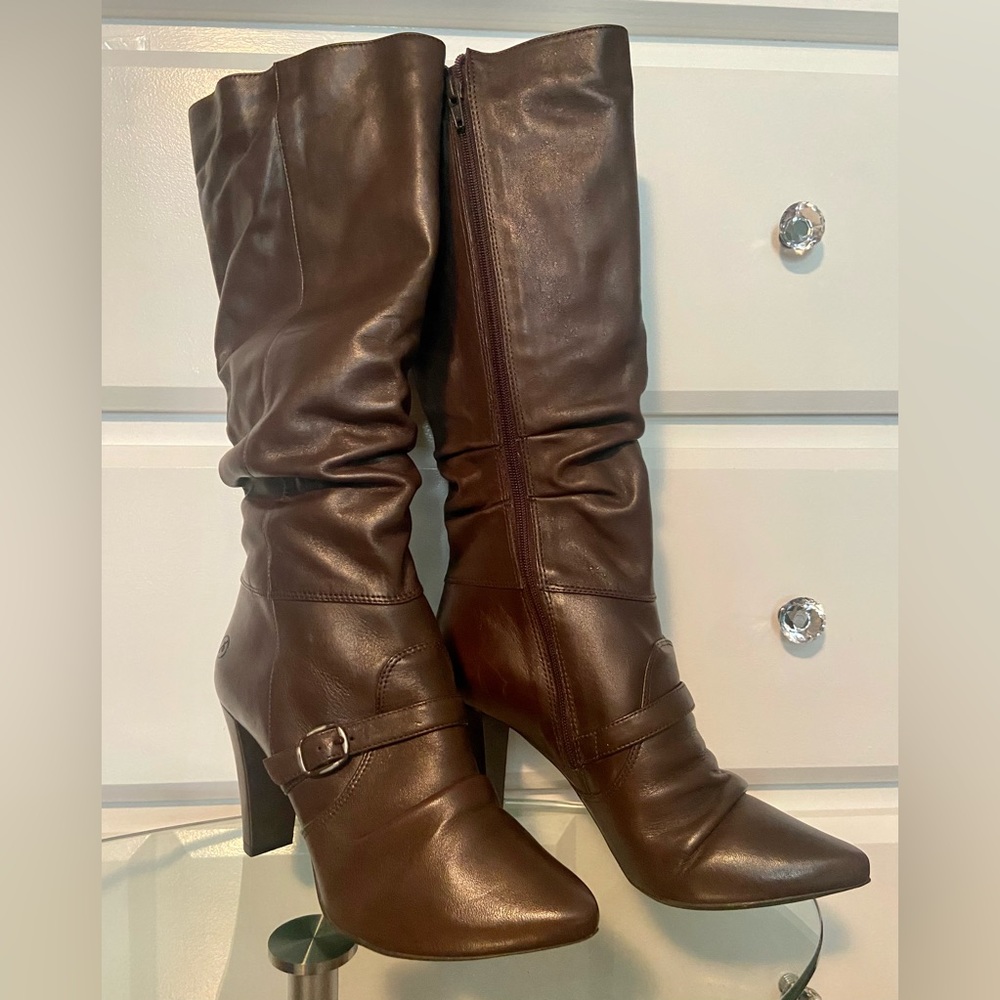 Slouched Leather knee high heel boots, size 39, Brown, slouch look,…NWOT